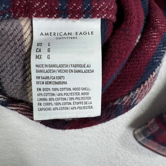 American Eagle Mens L Flannel Shirt with Hood Button Up Burgundy‎ Plaid Heavy - Picture 4 of 7